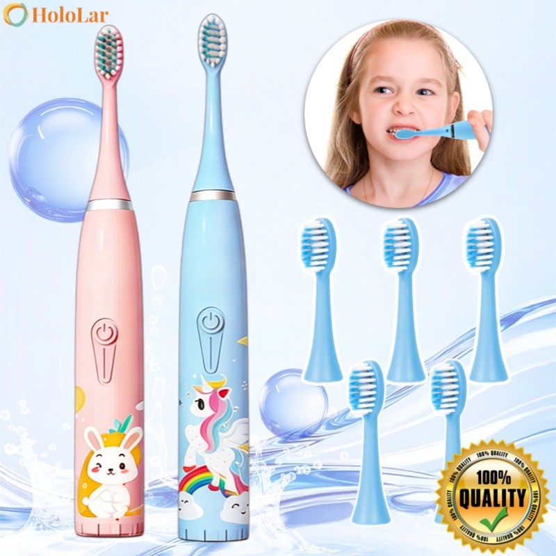 Escova Dental Elétrica Ultra-Sônica Para Crianças Acústica Onda Fofa Cabelos Suaves Dupla Face Limpa Cuidados HL2