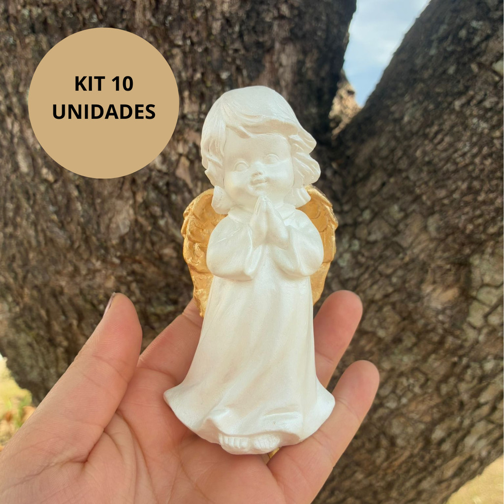 Kit 10 Anjinhos Perolados Com Asa Dourada 12cm/Lembrança