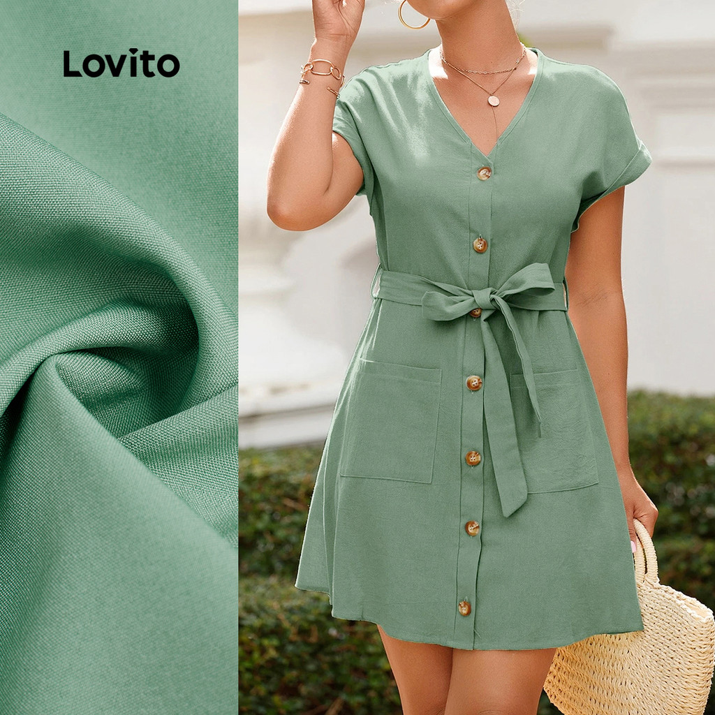 Lovito  Vestido Verde Feminino com Bolso e Cinto Casual para Primavera/Verão LBL32130 em Oferta na Shopee
