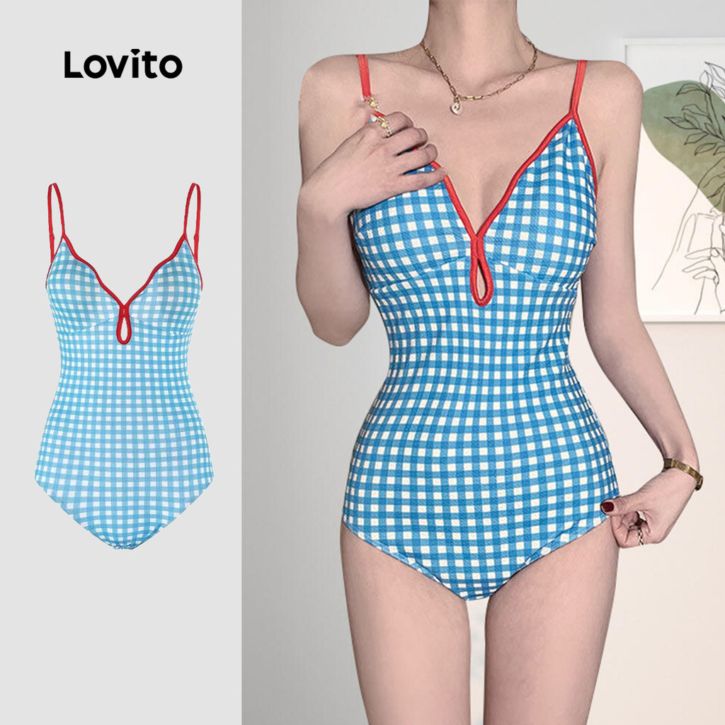 Lovito Maiô Boho de Uma Peça com Amarração Azul para Mulheres - Primavera/Verão LNE130022 em Oferta na Shopee