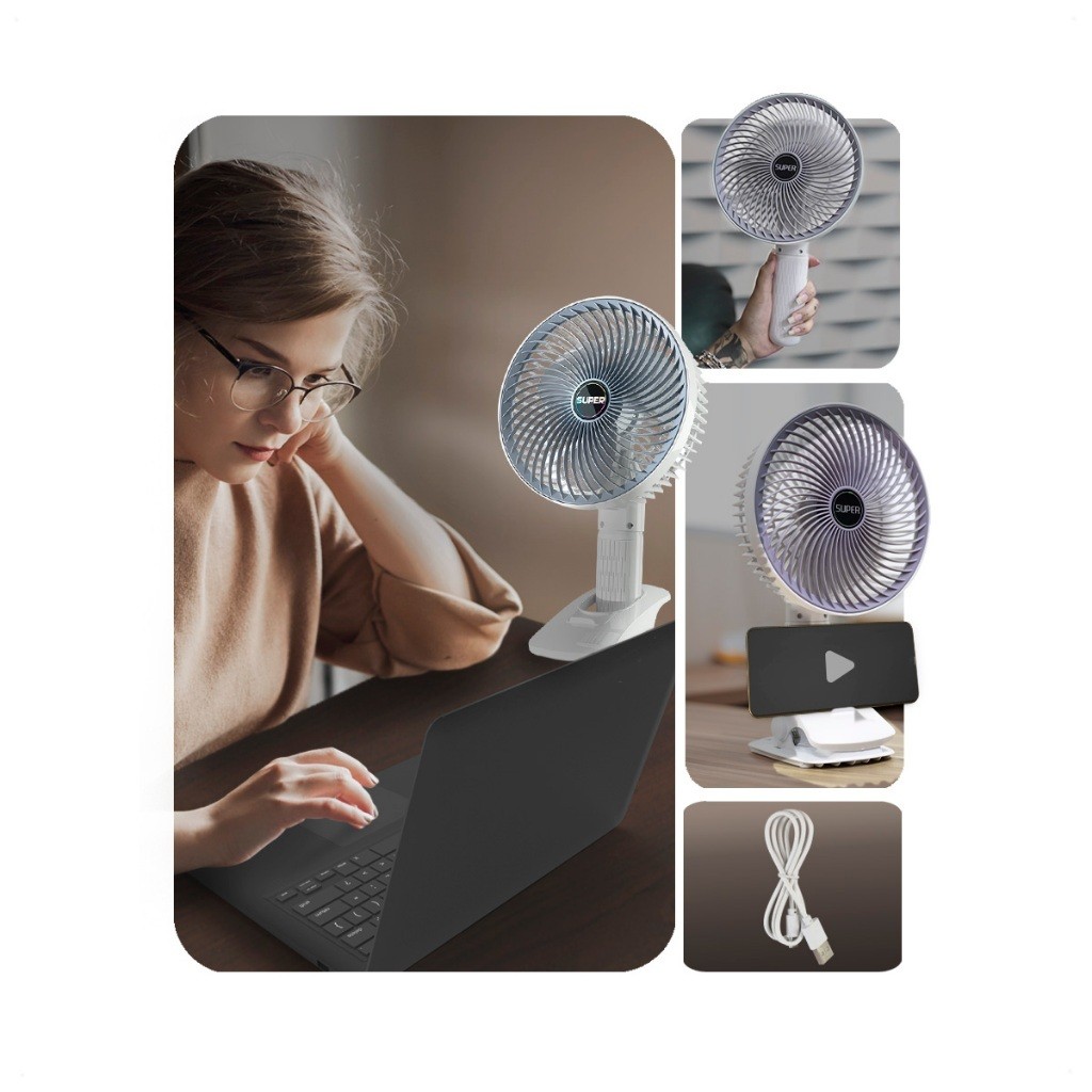 Ventilador Mesa Portátil Multifunção USB Recarregavel Silencioso 3 potencias com Clipe 3 Pás 4 Modos em Oferta na Shopee