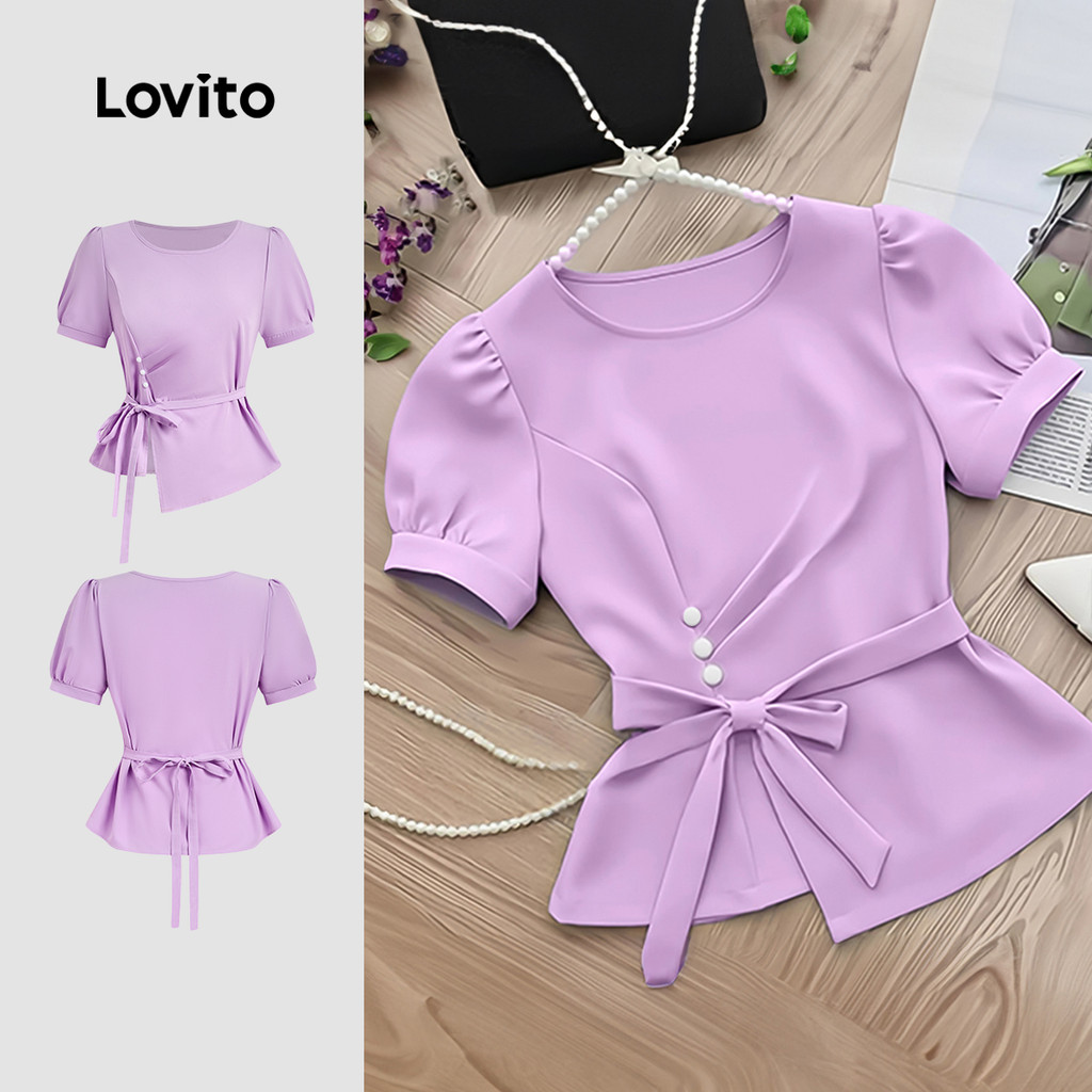 Lovito  Blusa Elegante com Cinto Botão Primavera/verão Blusa Roxa para Mulheres L177ED075