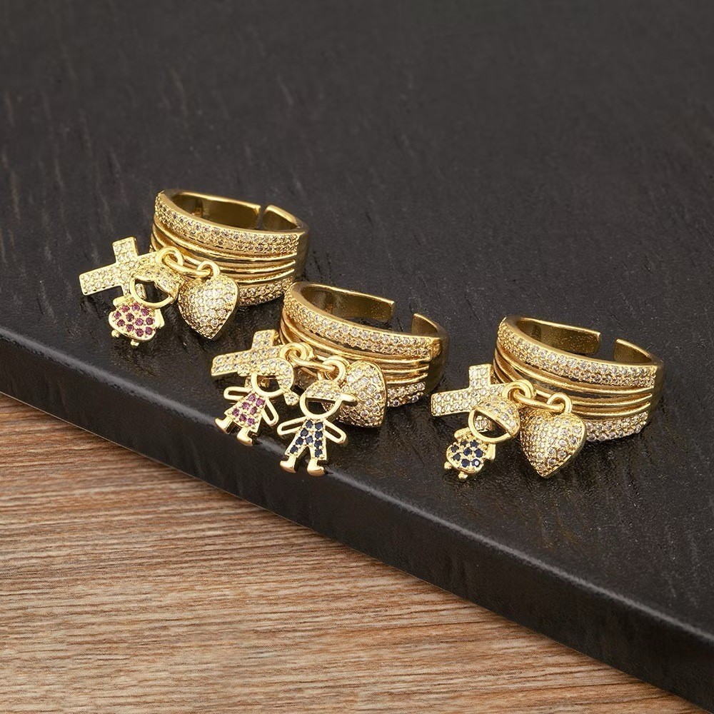 Anel de filhos cravejado casal menino menina dois meninos duas meninas ajustável banhado a ouro 18k a prata 925