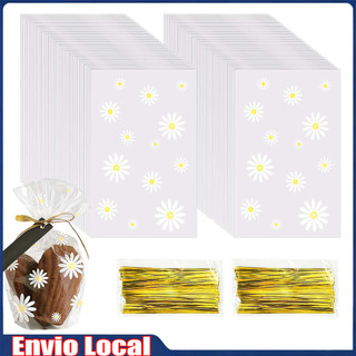 100 peças de saco de presente de 10*15,5 cm, Saco de plástico Margarida transparente com torção dourada