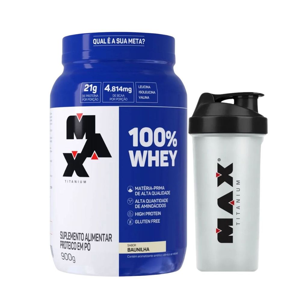 Whey Protein Concentrado Baunilha Pote 900g Mix + Coqueteleira 700ml Max Titanium