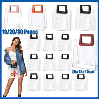 Kit de Sacolas com  Quadrado alça para Presente PVC Transparente 20x18x10cm Pacote com 10 em Oferta na Shopee
