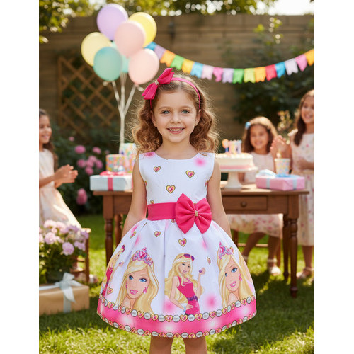 Vestido Infantil Barbie Rosa Boneca Luxo Aniversário Festa