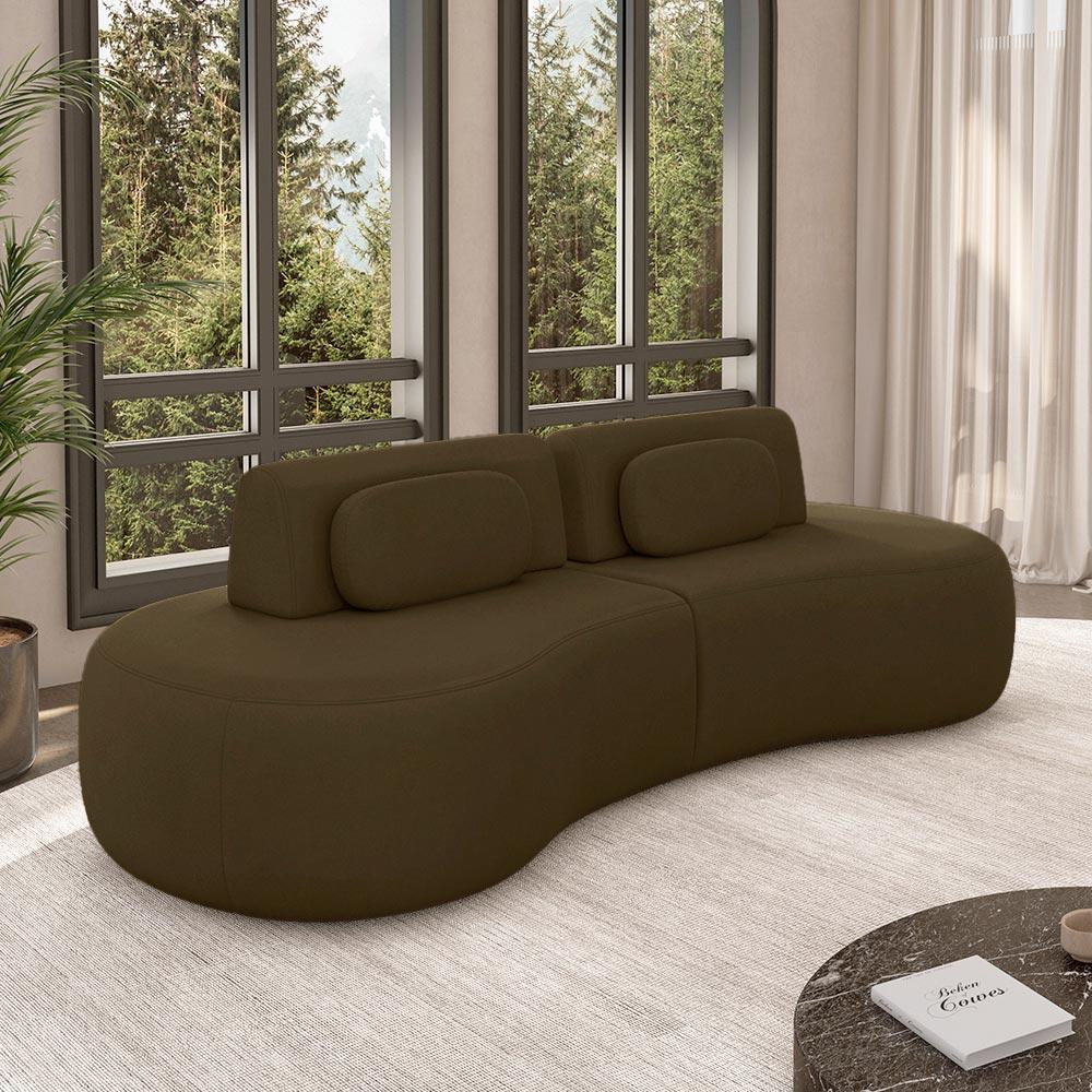 Imagem Sofá Sala de Estar Modulado França 280cm Encosto Articulável com Almofadas Veludo Marrom G45 - Gran Belo