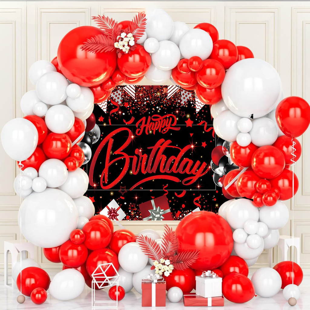 Kit Balões 155 Peças Decoração Festa De Aniversário Base Bexiga Vermelho e Branco Guirlanda Arco Desconstruído + Fita em Oferta na Shopee