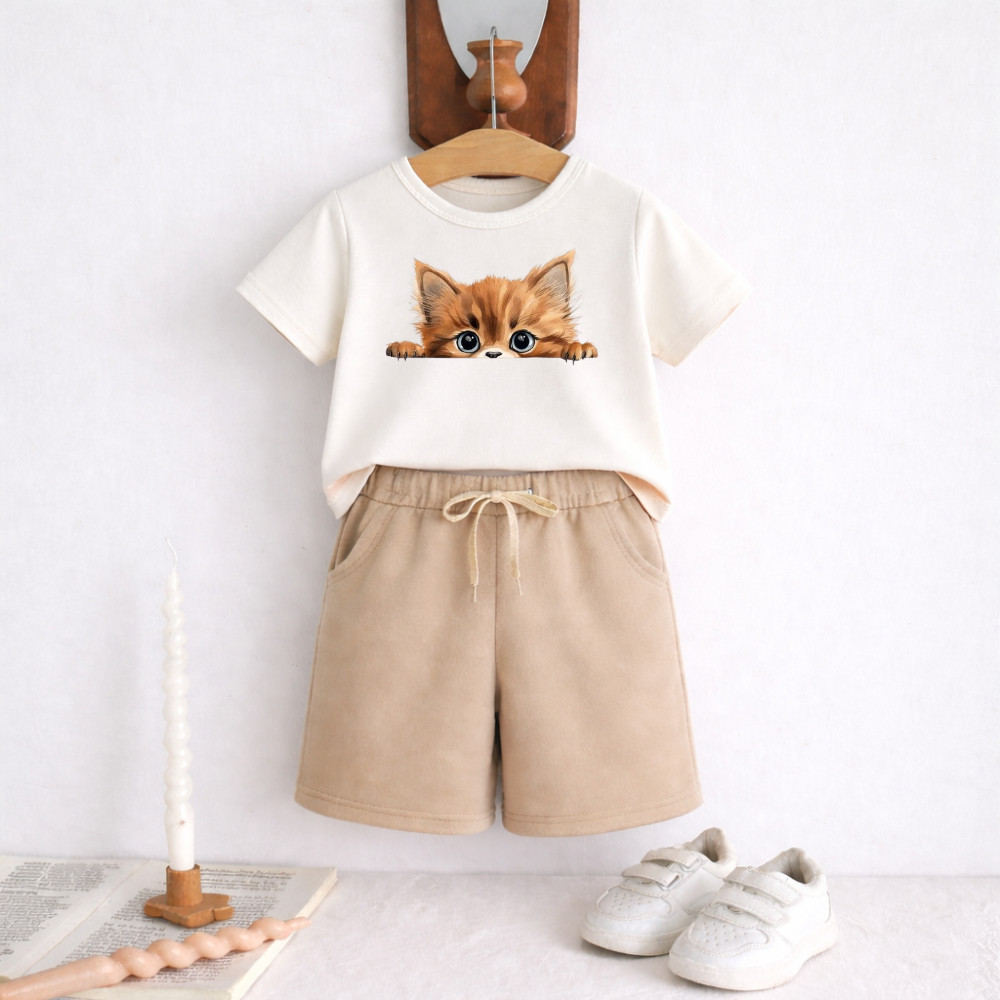 Conjunto Infantil Masculino Camiseta Algodão + Short Moletinho Estampado Gatinho Escondido 958 Kit