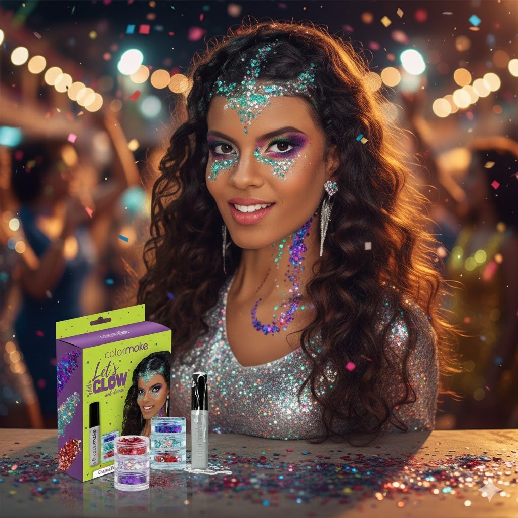 Kit Glitter e cola Lets Glow Color para maquiagem de Carnaval
