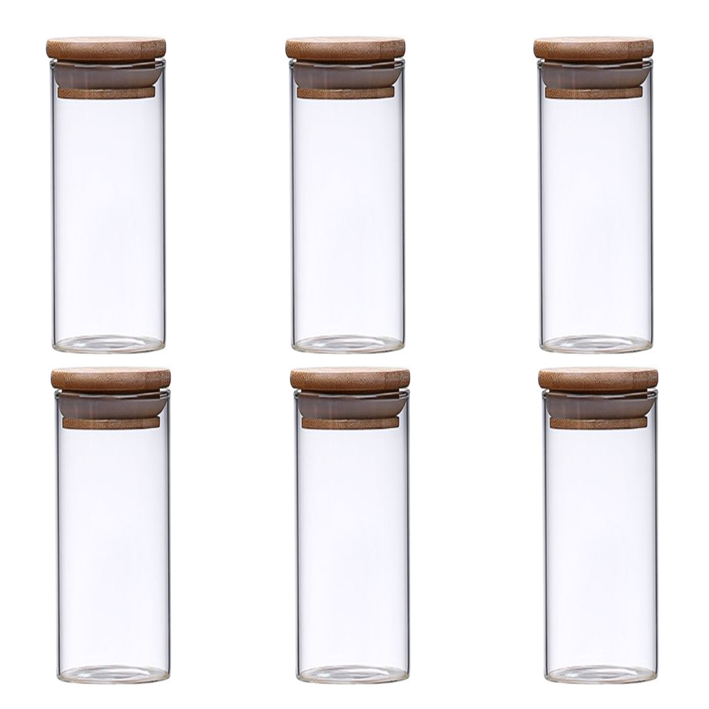 Kit 6 Potes De Vidro P/ Mantimentos 600ml C/ Tampa Bambu Armazenar Alimentos Conserva Geladeira Arroz Feijão Temperos