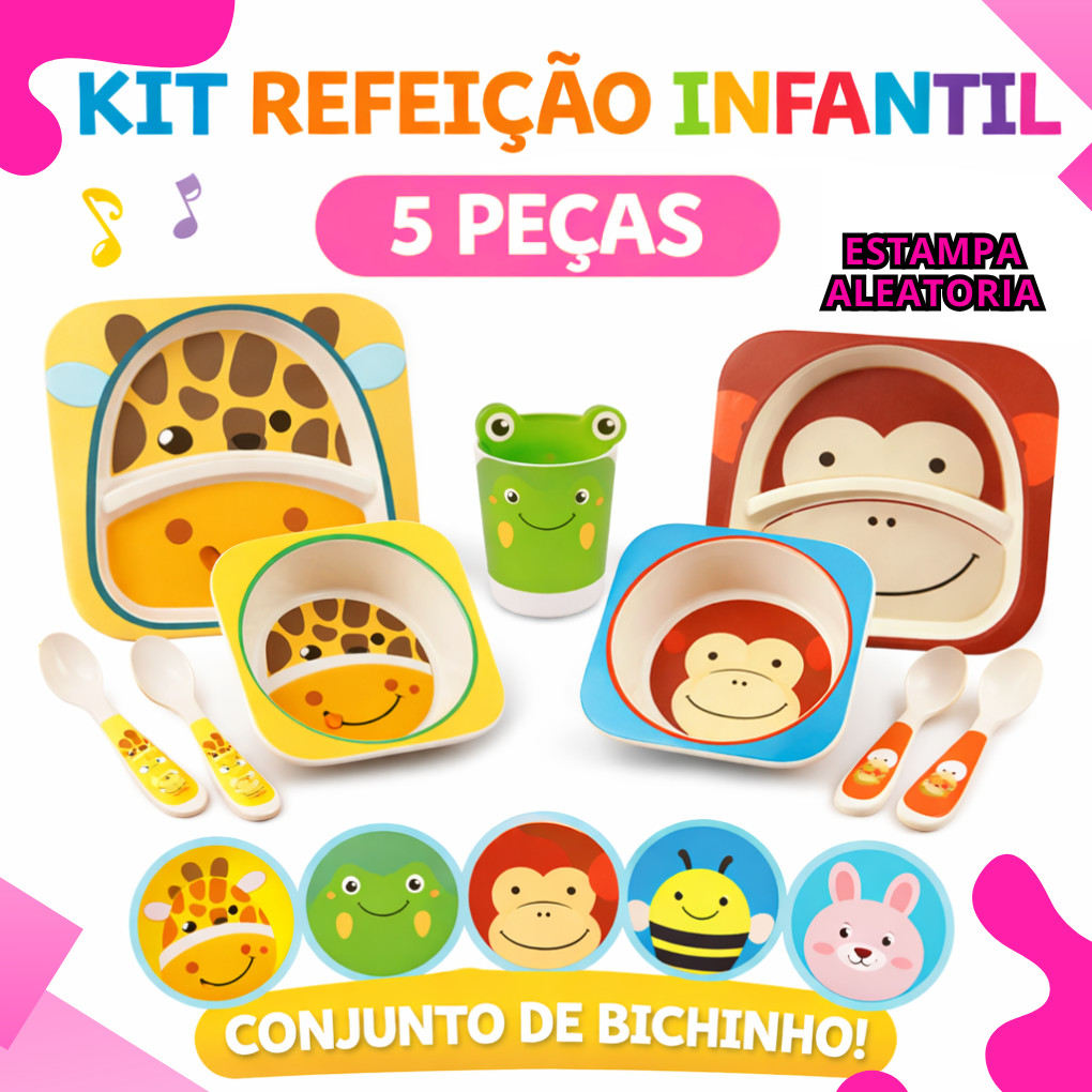 Conjunto 5 Peças Alimentação Infantil refeição em Fibra de Bambu Animais Prato, Garfo, Colher e Copo