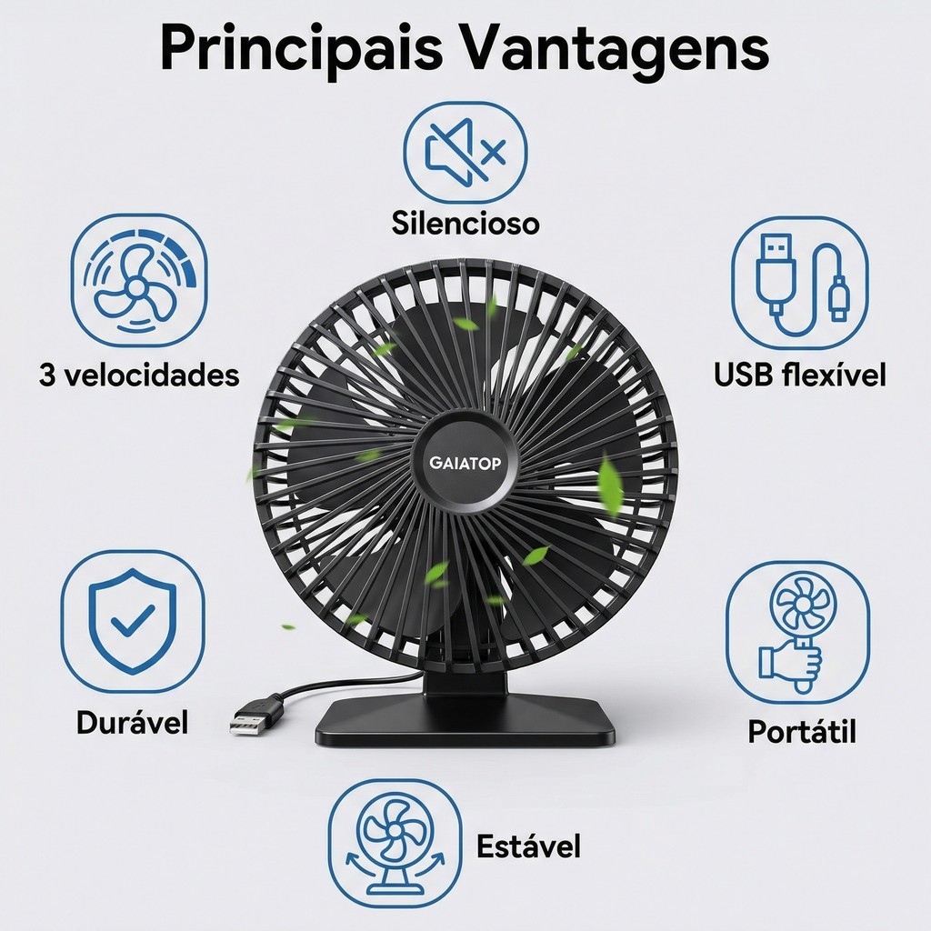 Ventilador Portátil de Mesa Gaiatop TF61 3 Velocidades com Cabo USB  Ultra Silencioso