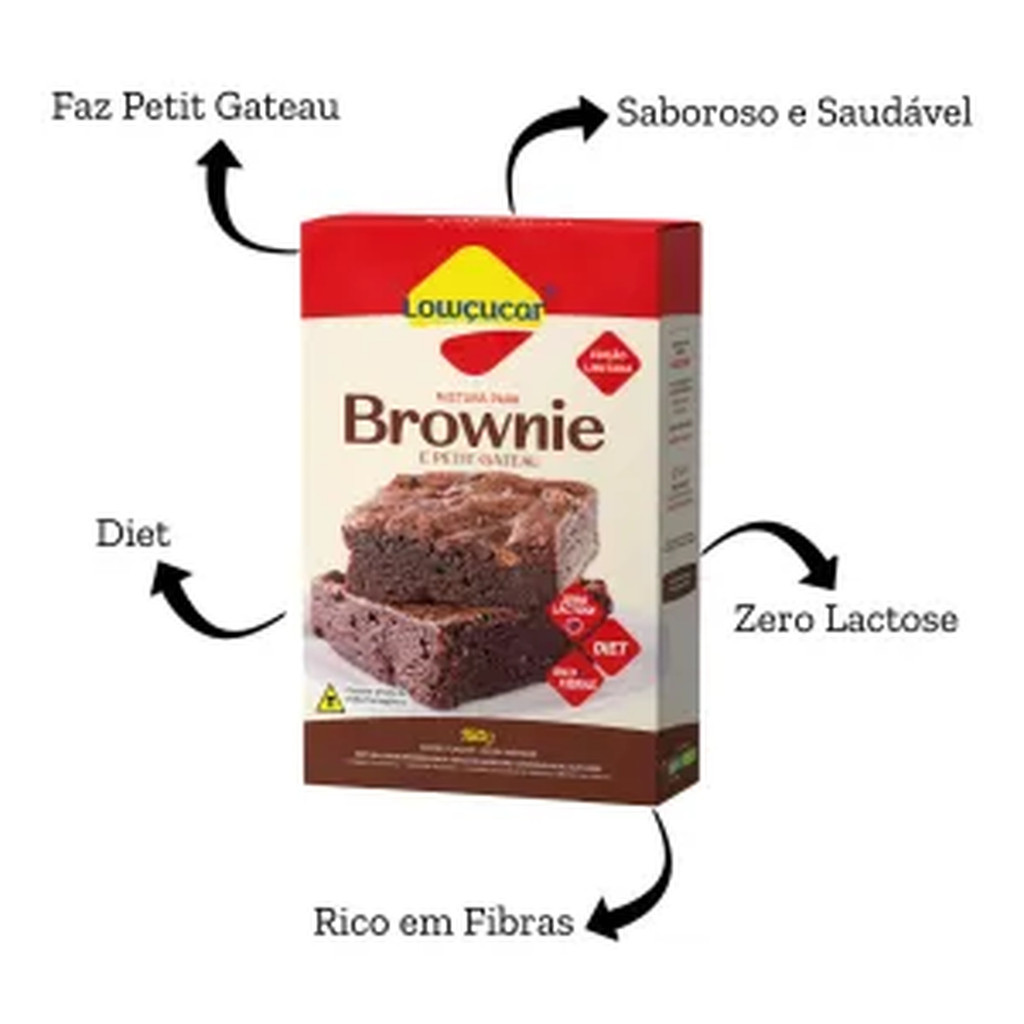 Detalhes do Kit com 3 Unidades de Mistura para Brownie e Petit Gateau Zero Lactose, Doces Diet fonte Fibras 150g