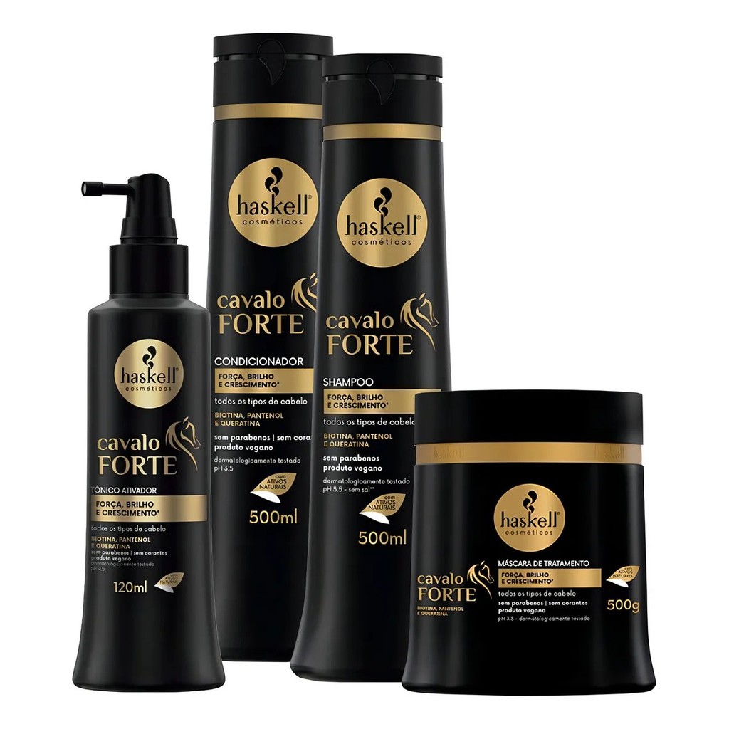 Kit Cavalo Forte Haskell (4 Itens) | Shampoo + Condicionador + Máscara + Tônico 120ml | Reconstrução E Crescimento