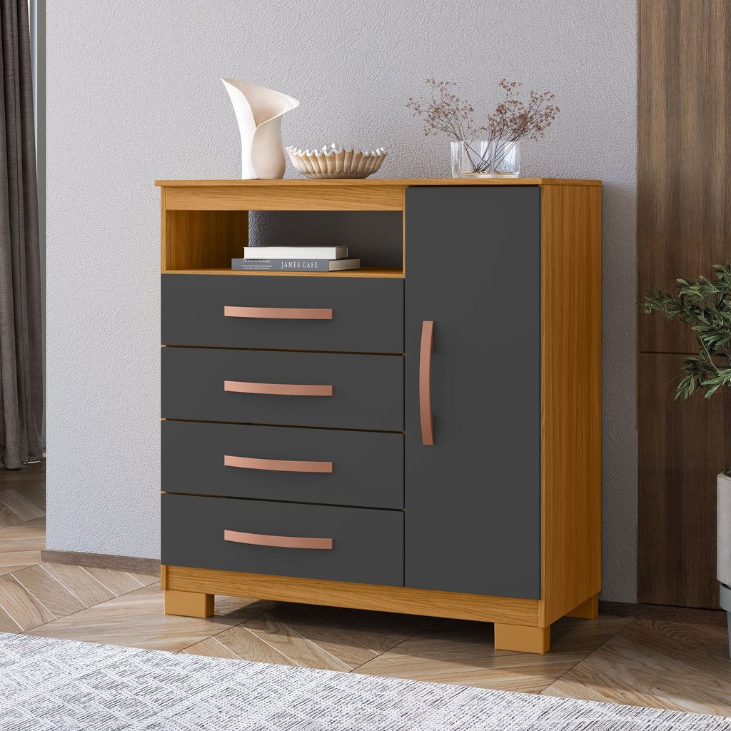 Cômoda Sapateira 1 Porta 4 Gavetas Itapema Carvalho Americano/Grafite em Oferta na Shopee