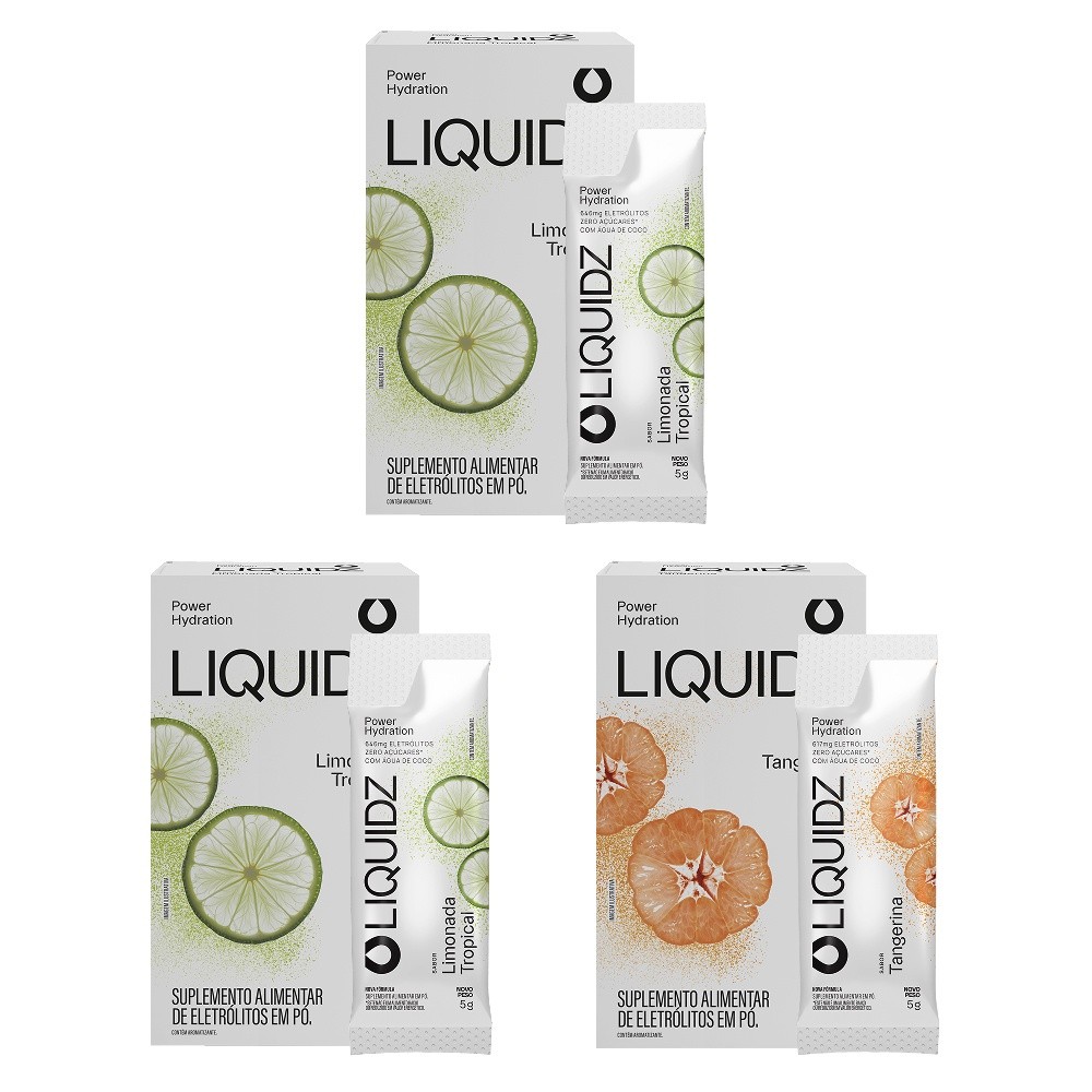 LIQUIDZ® - Eletrólitos Zero Açúcares - Limonada | Tangerina - Kit 3 Caixas 18 sachês