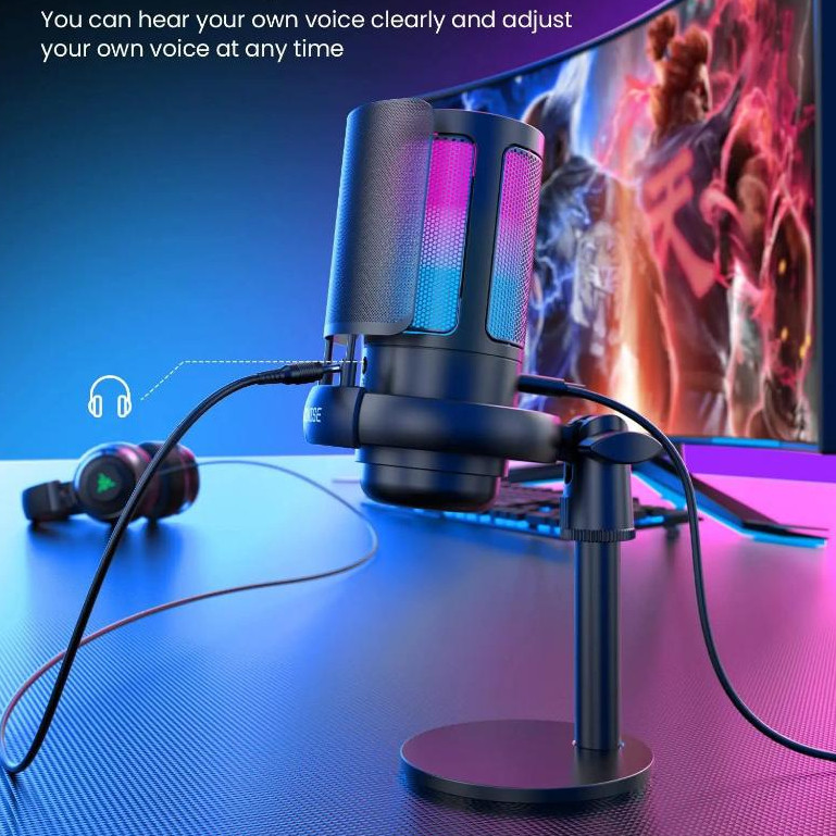 Microfone Gamer Condensador RGB Alta Sensibilidade USB-C para Podcast Streaming e Jogos
