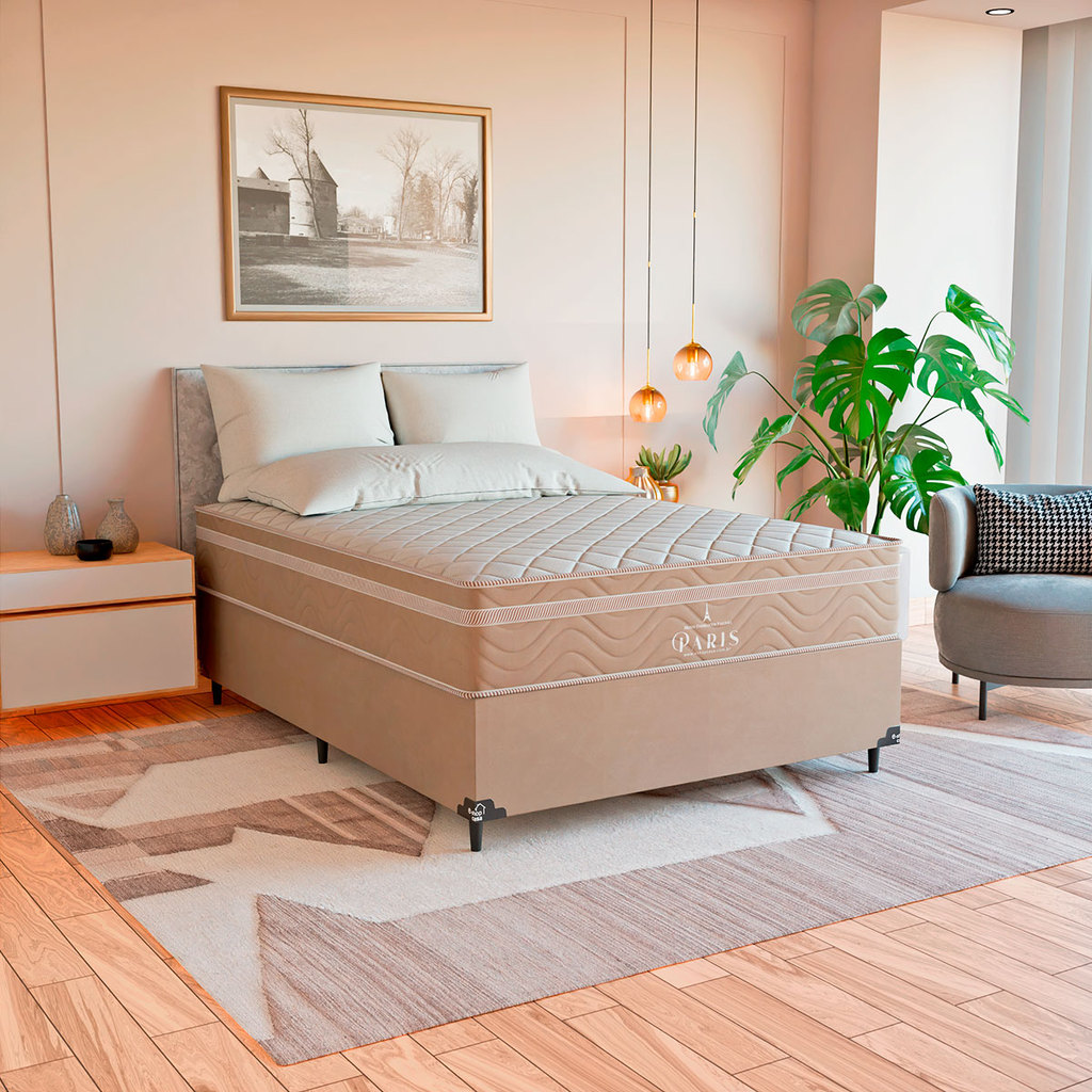 Cama Box Casal Bege + Colchão Paris Molas Ensacadas Bege
