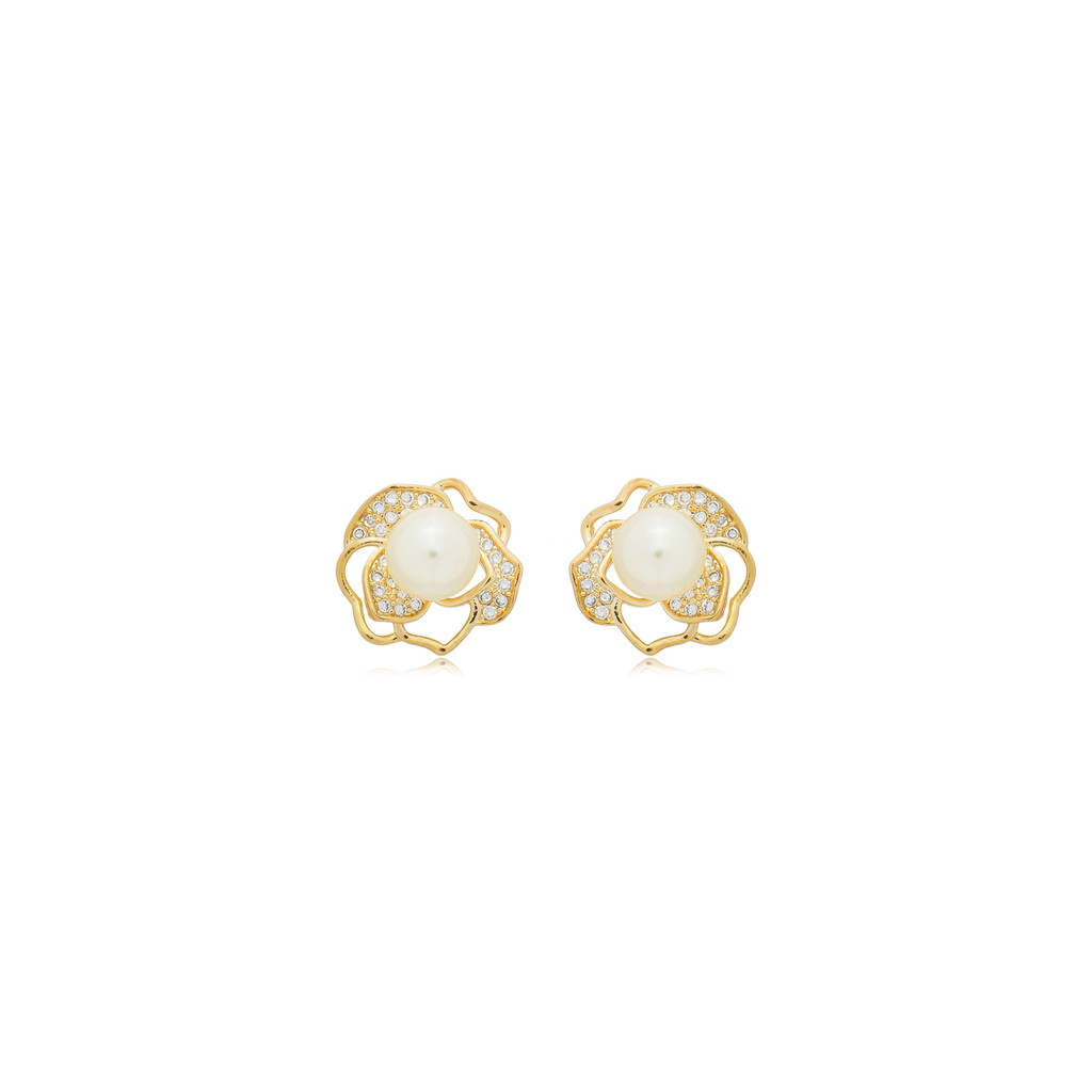 Brinco Flor Vazada Com Pérola e Zirconias Folheado A Ouro 18k