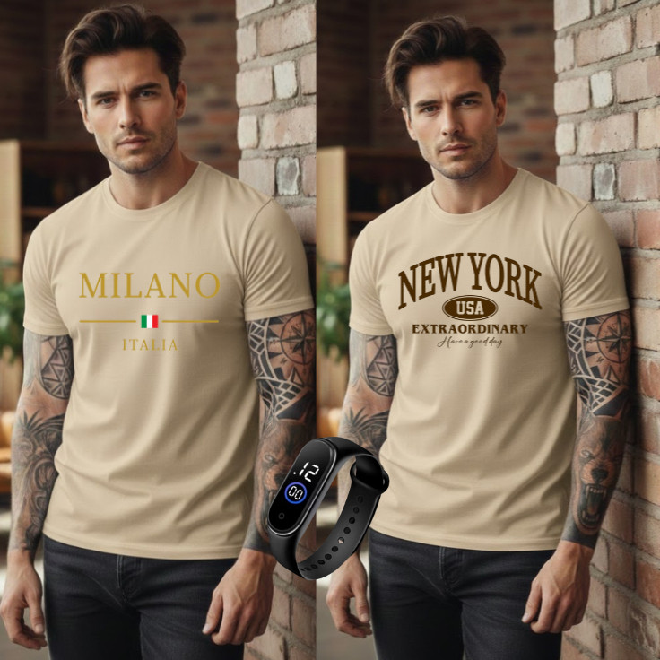 Kit 2 Camiseta Masculina Ganhe o Relógio Camisa 100% Algodão Authentic 30.1 Camiseta Milano New York