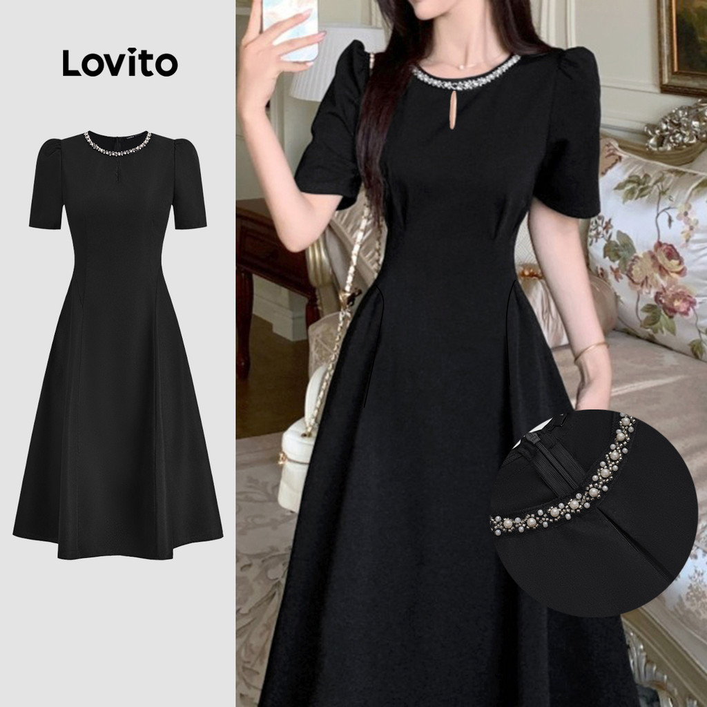 Lovito Vestido Elegante Com Strass, Vestido Preto De Verão/primavera Para Mulheres L134ED1030 em Oferta na Shopee