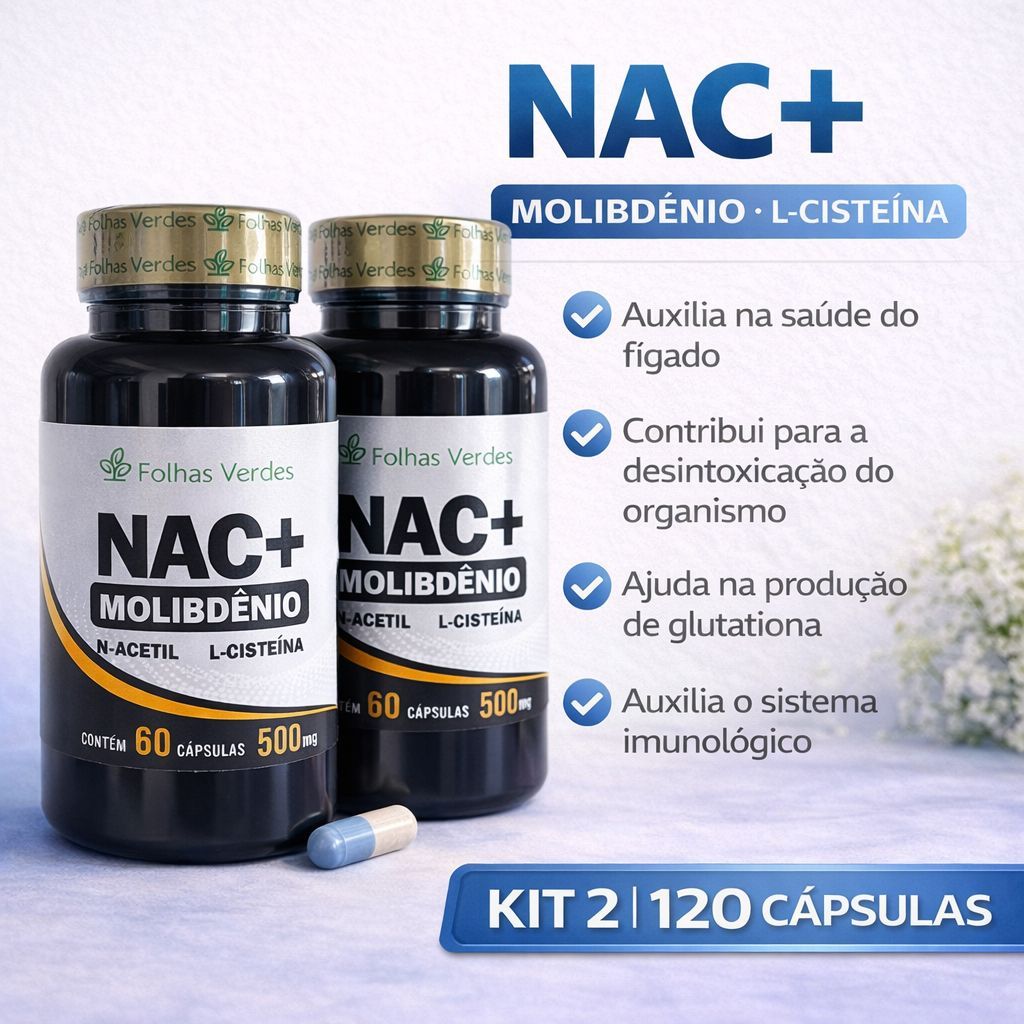 NAC + Molibdênio 500mg Folhas Verdes 60 Cápsulas N-Acetil L-Cisteína Sem Glúten