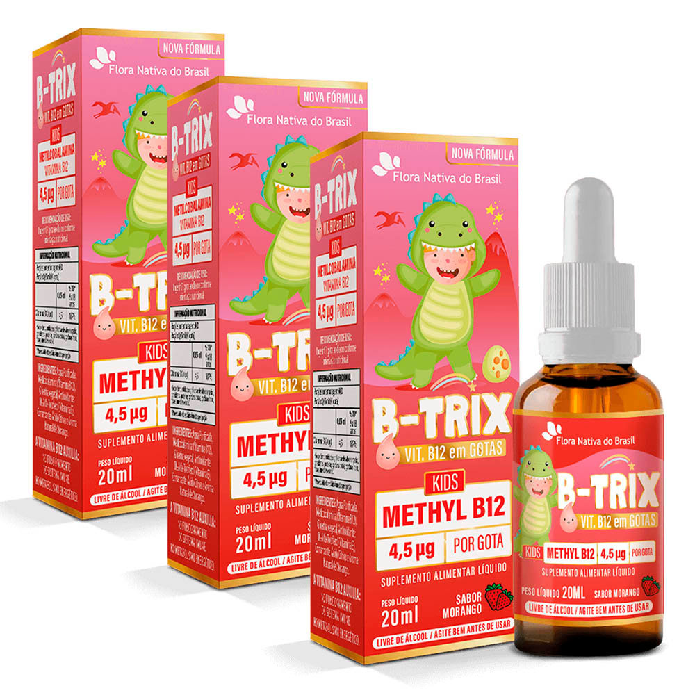Kit 3x B-Trix Kids Methyl B12 (Vitamina B12 4,5 mcg) Sabor Morango 20mL Cada - Flora Nativa