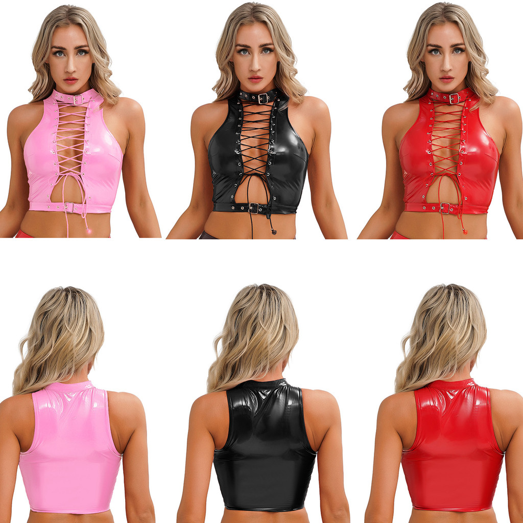 inhzoy Womens Fashion Hollow Out Eyelet Lace-Up Vest Gothic Wet Look Patent Leather Sleeveless Crop Top Party Clubwear