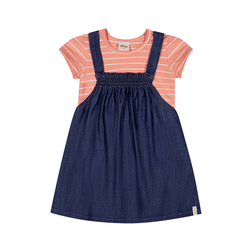 Conjunto Infantil Menina Salopete Jeans e Blusa Elian Laranja