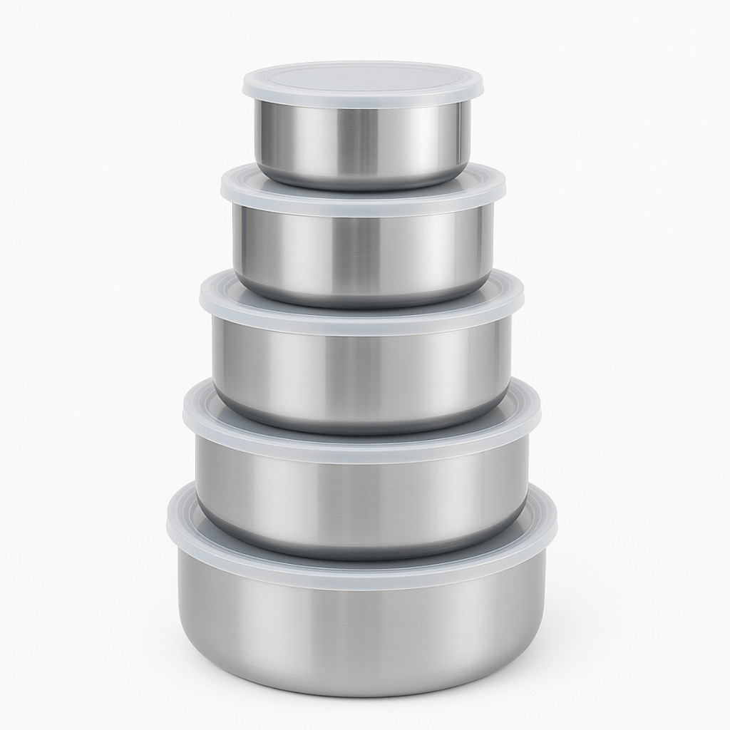 Jogo 5 Potes Tigelas em Inox Alumínio Com Tampa Redondo Armazenar Comida Cozinha Marmita Guardar Alimento