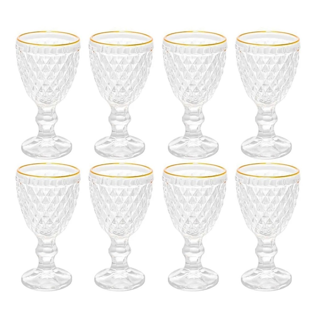 Jogo 8 Taças Licor Lyor Bico Abacaxi Vidro Fio De Ouro 60ml