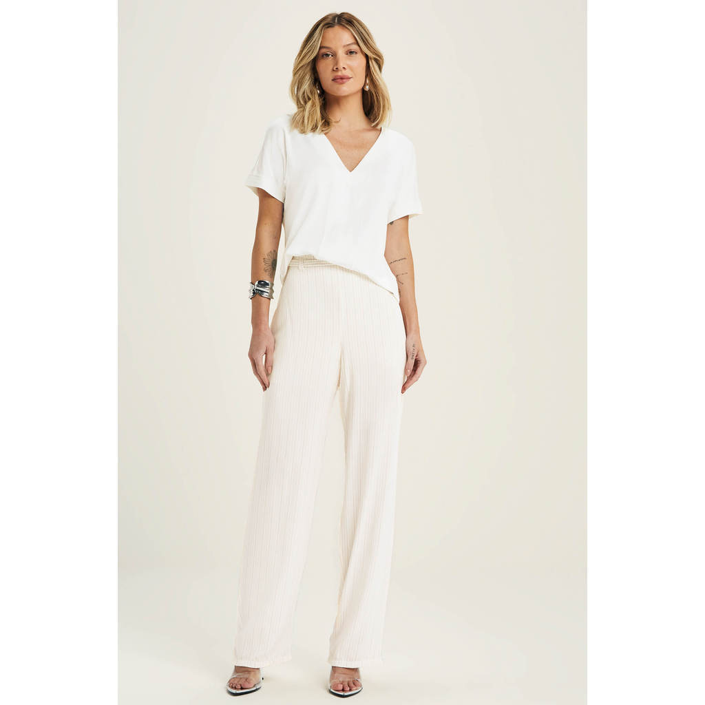 Calça Pantalona Feminina Listrada Marialícia Bege em Oferta na Shopee
