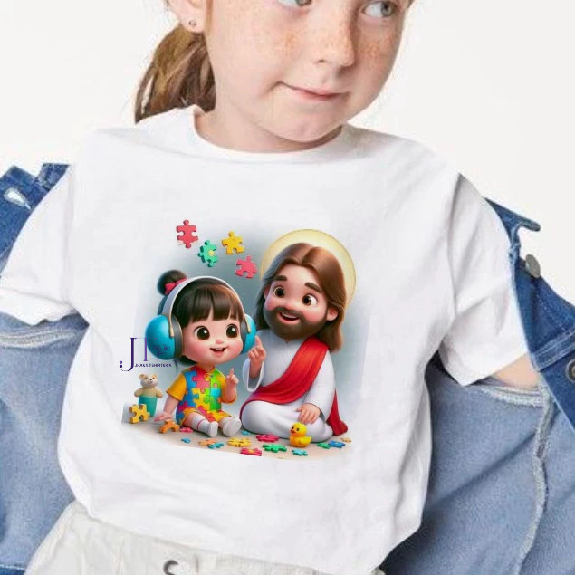 Camiseta Camisa Algodão Linda Camiseta unissex blusa infantil AUTISMO, JESUS COM CRIANÇA,moda infantil,,menina Premium E