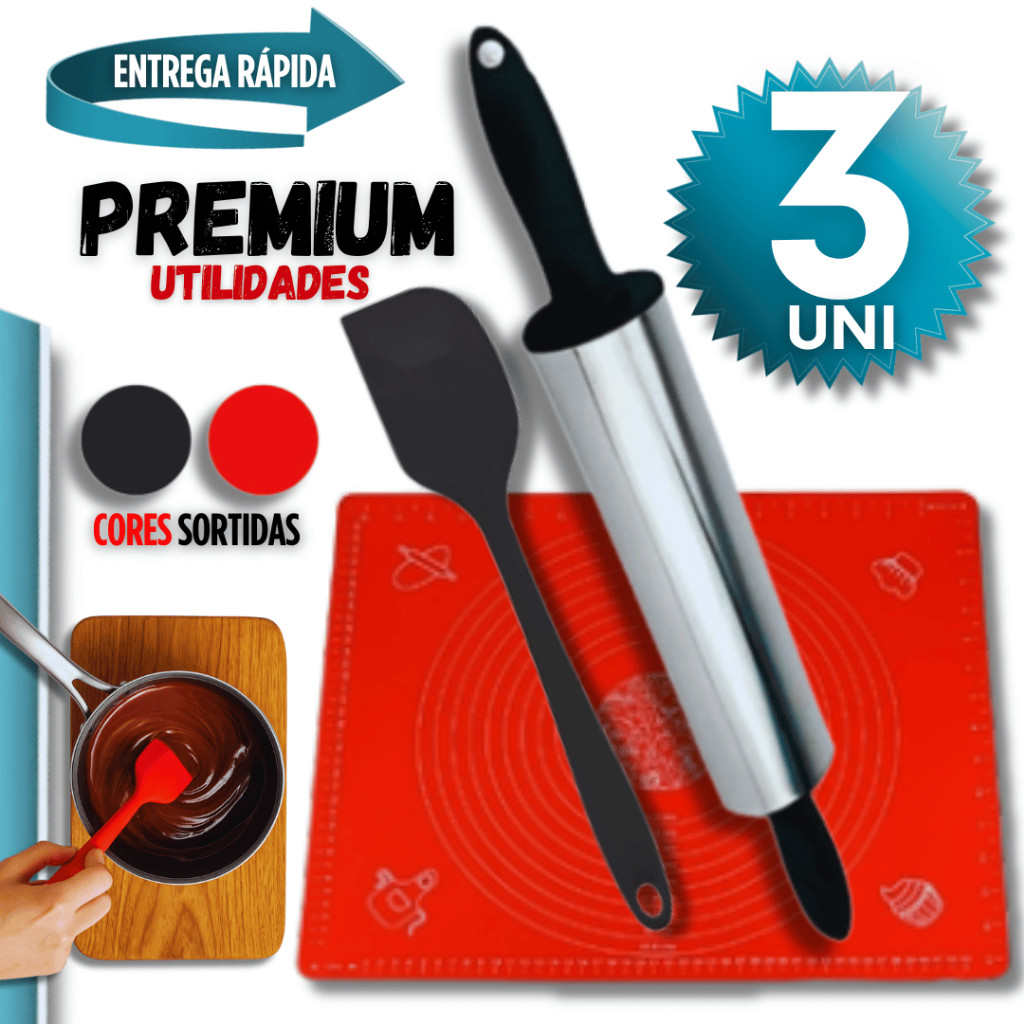 KIT 3/1/1 Uni - Rolo Para massas Variáveis Utilidades Tapete Culinário 40X50 Espatula Pão duro