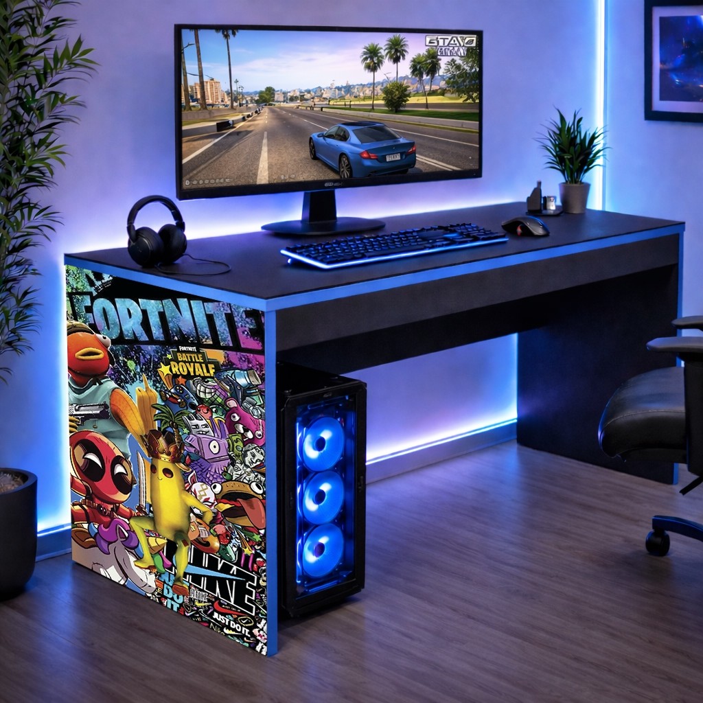 Mesa Escrivaninha Gamer Infantil Quarto Borda Azul Fortnite Personagens Colorido Achadinho Oferta