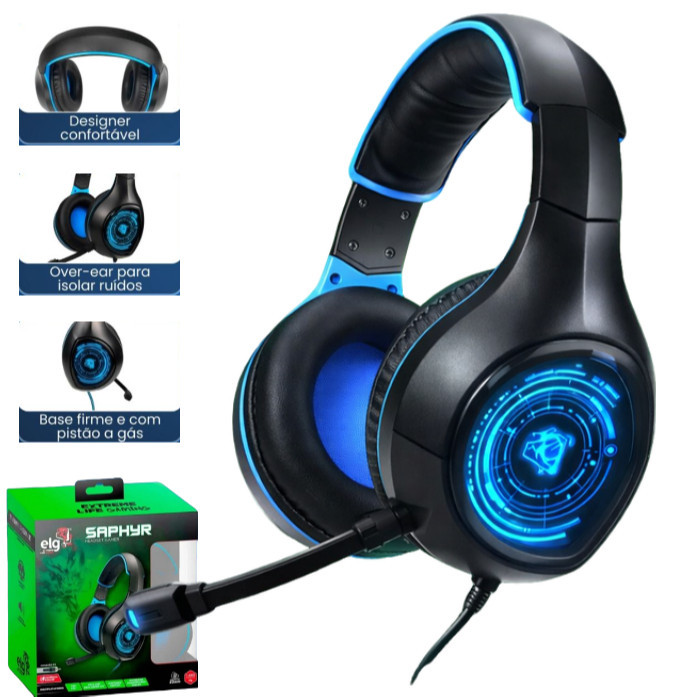 Headset Gamer P3 + USB com Iluminação em LED Azul Preto/Azul SAPHYR ELG