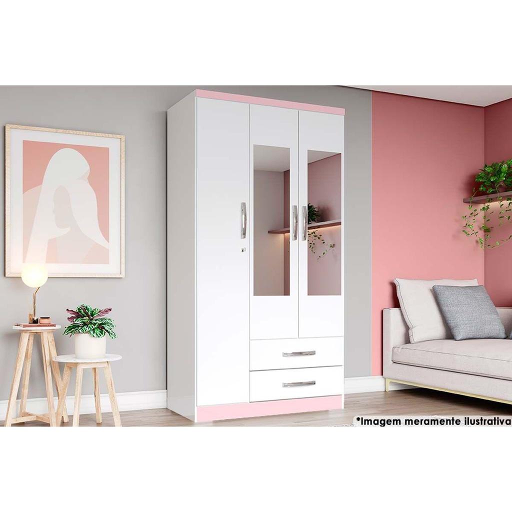 Guarda Roupa Solteiro 3 Portas e 2 Gavetas c/ Espelho Açaí DA133 Branco/Rosa - Henn em Oferta na Shopee