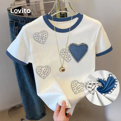 Lovito Casual Camiseta com Estampa de Coração para Mulheres Primavera/verão Branca L178LD2046