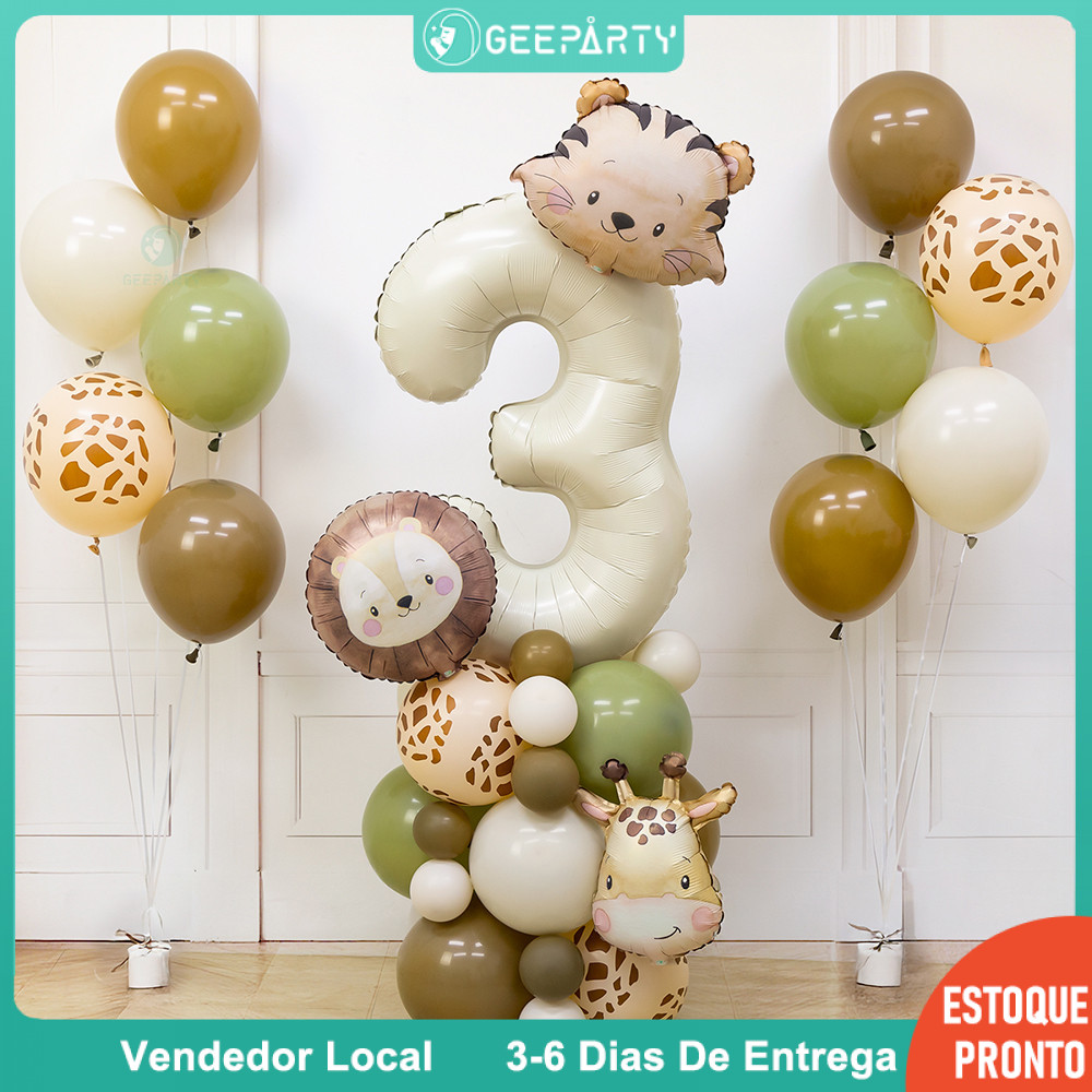 GeeParty 38pcs Safari Animal Head Balloon Set Balão Numérico De 32 Polegadas Para Decoração De Festa De Aniversário
