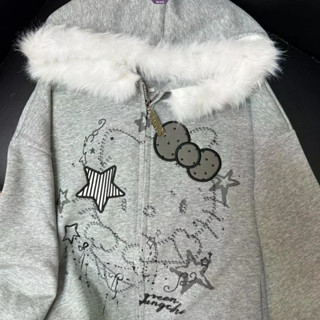 Moletom Cardigã Com Capuz De Lã Leve Estampa KT Fofo De Desenho Animado Para Mulheres Zíper Solto Outono/Inverno [BL] em Oferta na Shopee