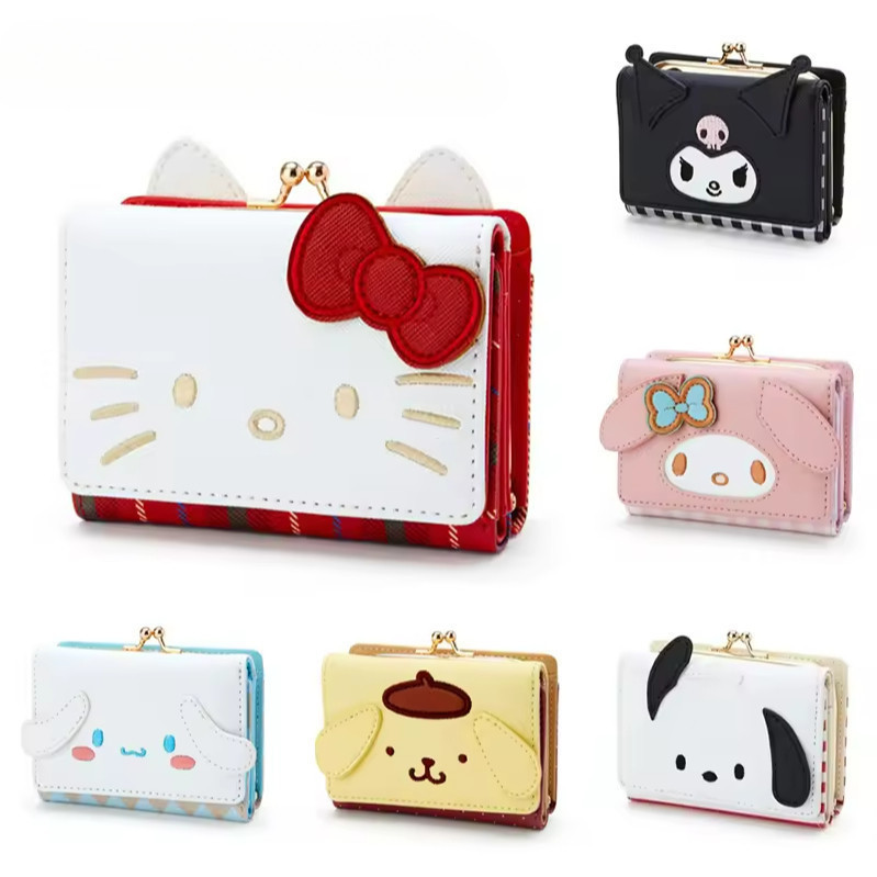 Carteira PU Sanrio Porta-cartões Hello Kitty Bonita Kuromi Moda Casual Couro Dobrável Presente de Aniversário Cinnamorol