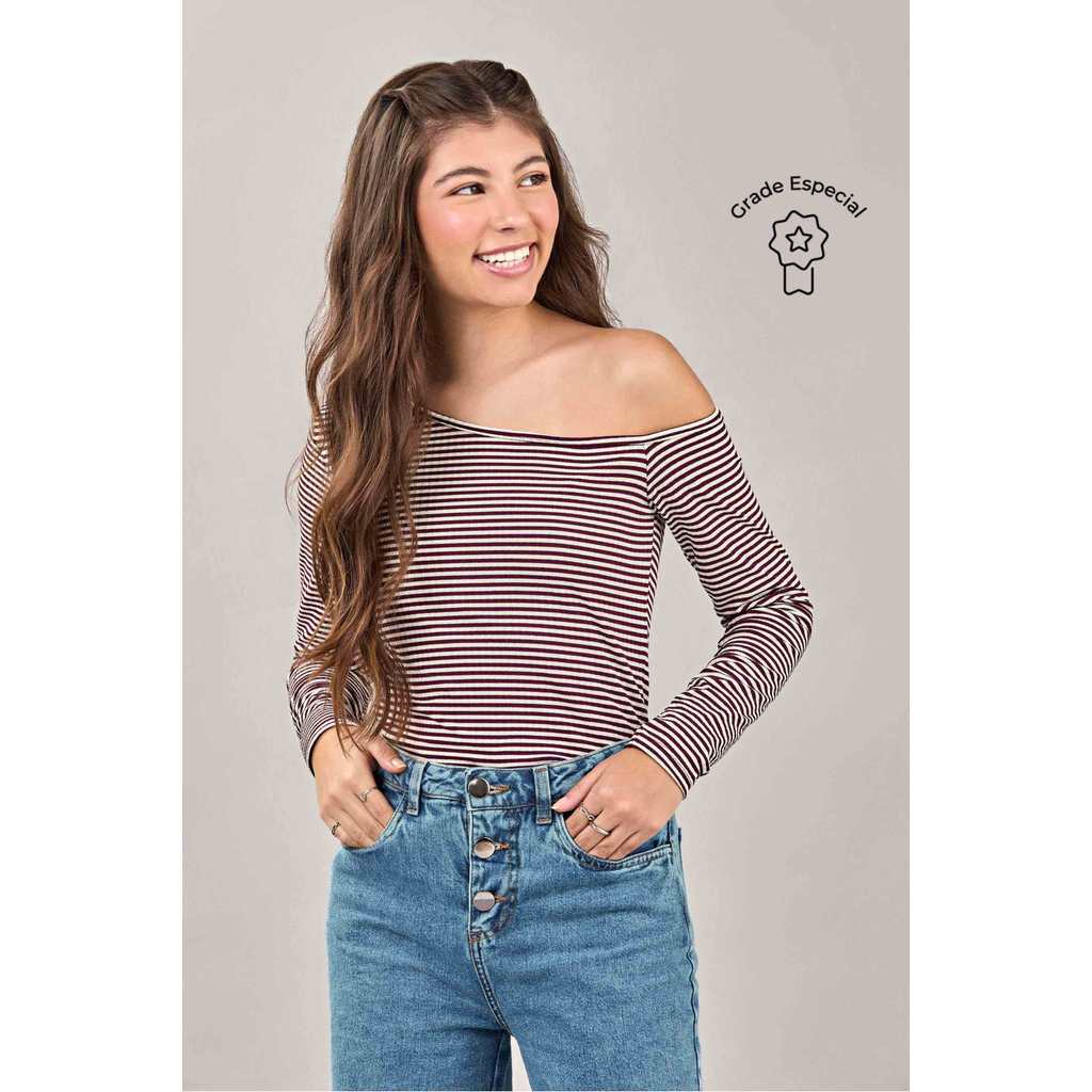 Blusa Cropped Juvenil Menina Listrada Beats Bege em Oferta na Shopee