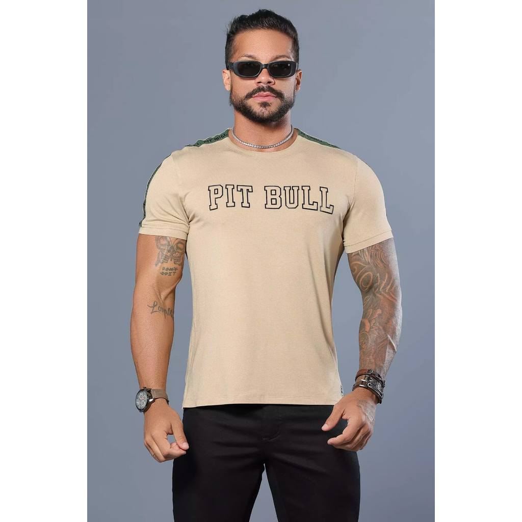 Camiseta Bege Masculina Estampa em Relevo e Detalhe nos Ombros Pit Bull 87980