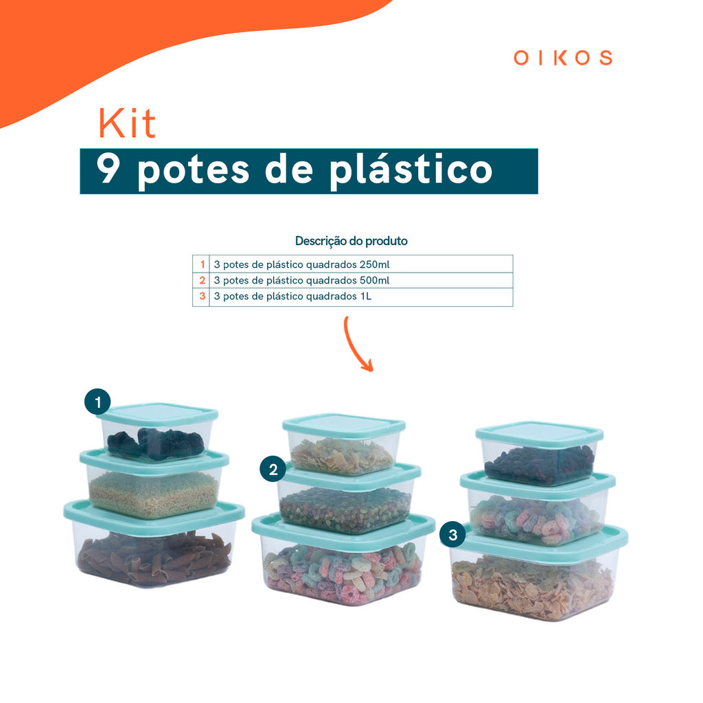 Kit 9 Potes de Plástico Quadrado com Tampa 250ml, 500ml E 1l - Mozcada — imagem 2 de 2