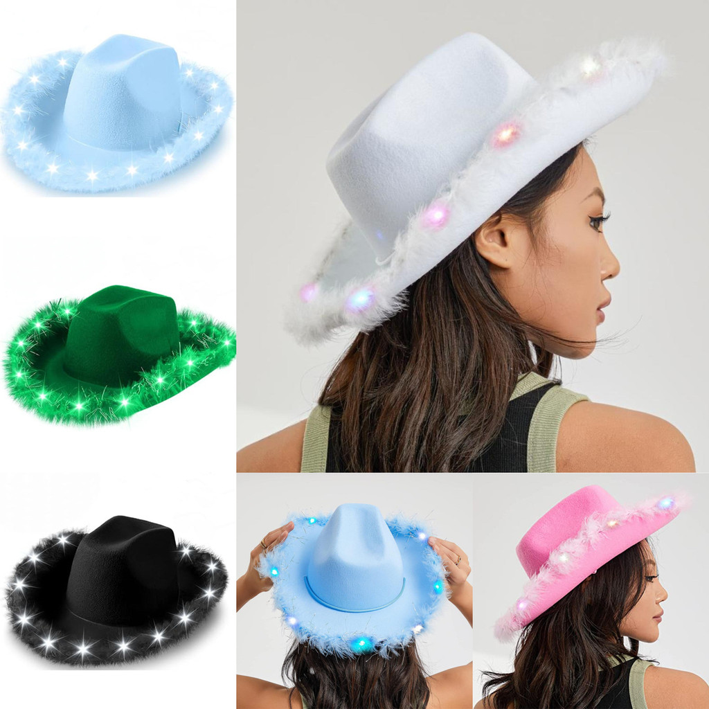 1 Unidade De Chapéu De Cowboy Iluminado Por LED | Vaqueira Com Acabamento De Penas Fofas Perfeito Para Festivais , Fanta