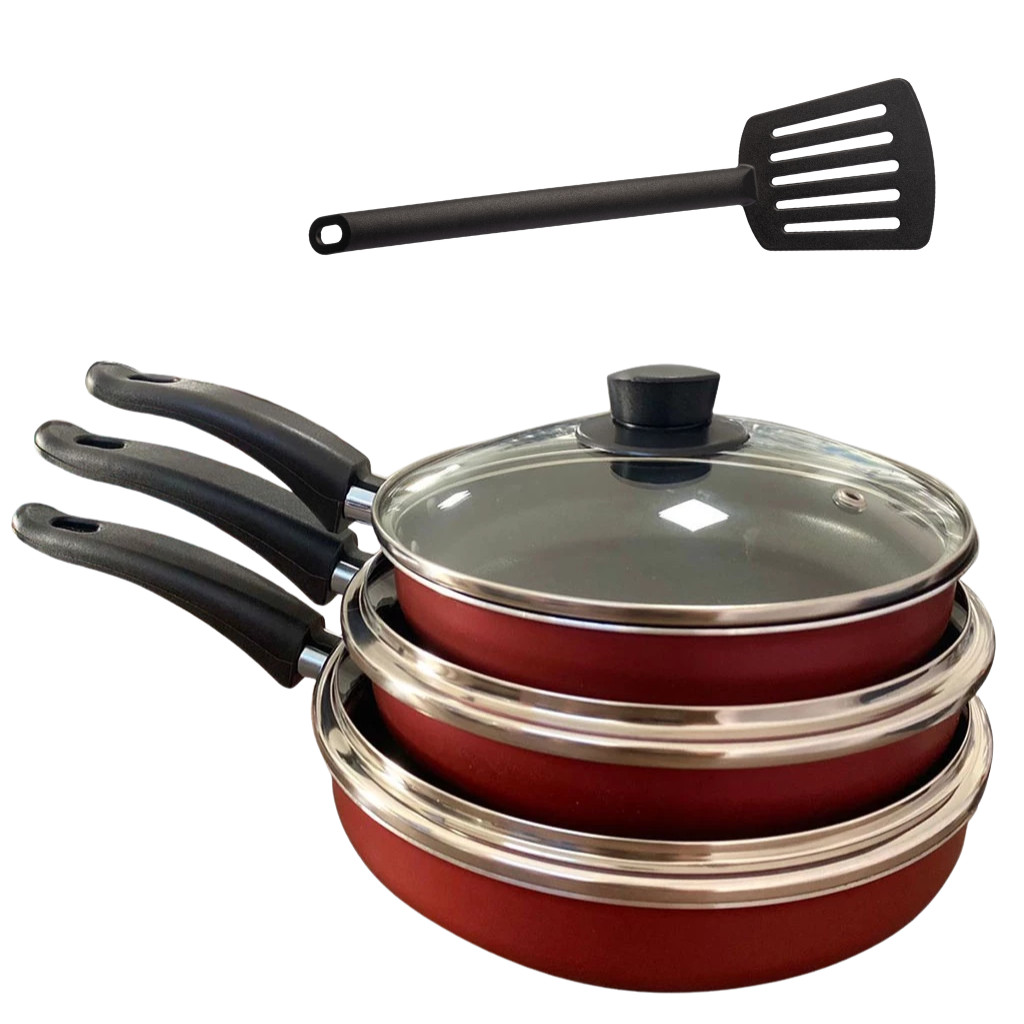 Conjunto Frigideira Antiaderente Com Tampa De Vidro Kit Jogo com 3 Peças Teflon 18/20/22cm + Espátula Alumínio Vieira
