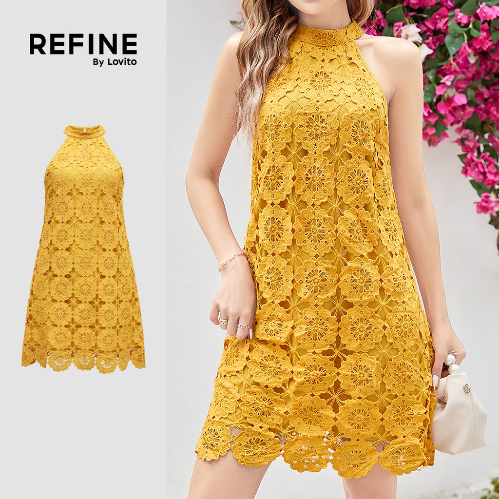 (Lovito Refine)  Vestido Boho com Bordado Primavera/verão Amarelo para Mulheres. LR32E053 em Oferta na Shopee