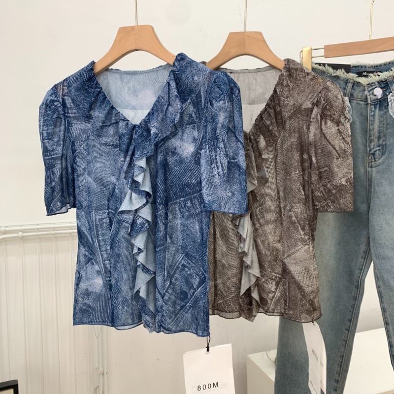 Primavera Festival entrega camisa francês Retro moda estilo ocidental fino-ajuste mais magro olhar babados de manga curt